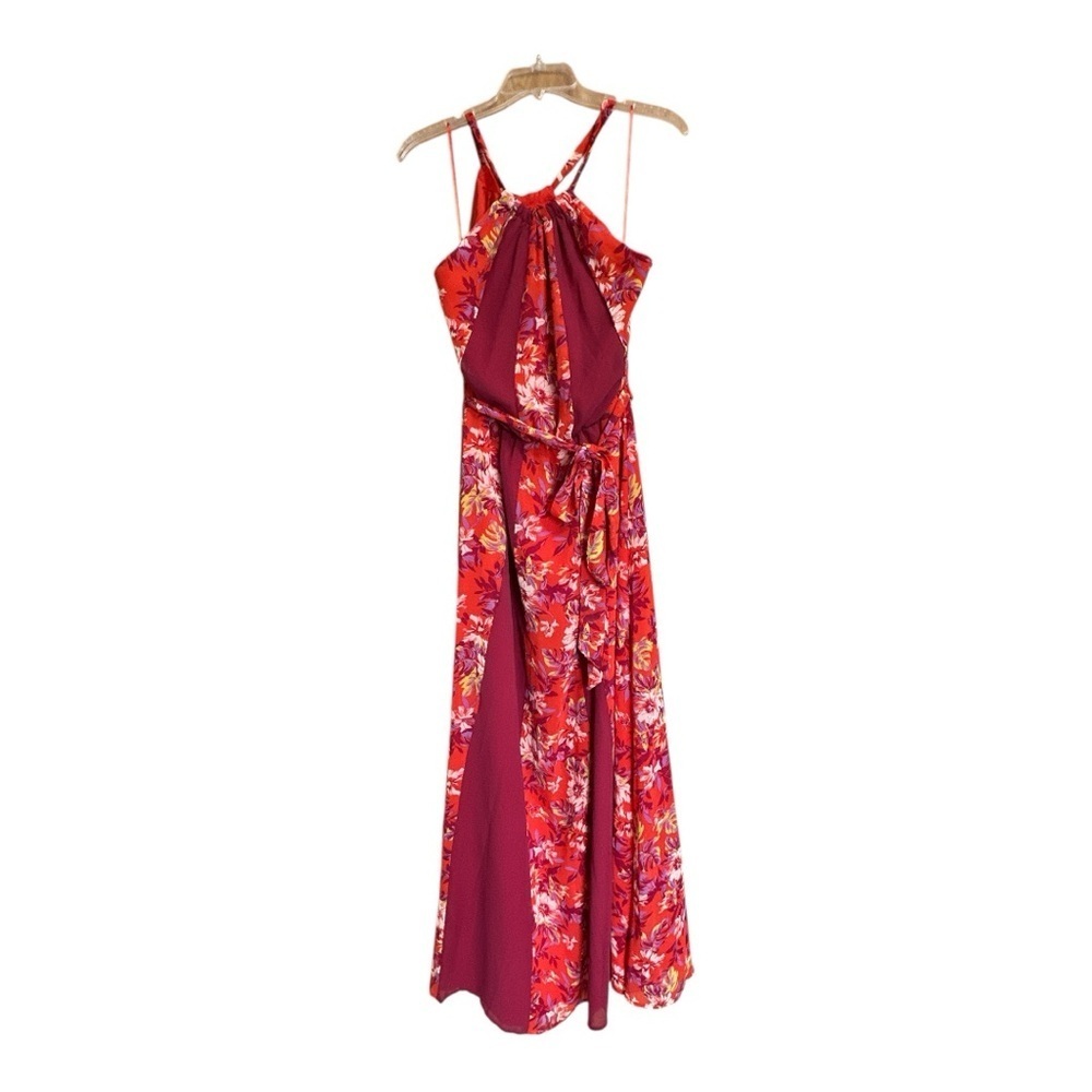 ModCloth Illuminated Elegance Floral Halter Maxi Dress - Red, Large